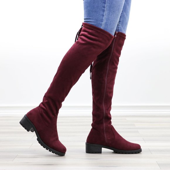 Wine Lug Sole Thigh High Boots Back Lace Tie - Picture 14 of 14